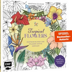 Hot Waschbär Tropical Flowers. Exotische Blumen- und Pflanzen-Motive ausmalen.